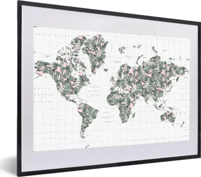 Produktbild von MuchoWow® MuchoWow® Gerahmtes Poster Weltkarte - Pflanzen - Rosa 60x40 cm - Poster mit zchwarzem Bilderrahmen - Schlafzimmer - Plakat in Rahmen - Drucken
