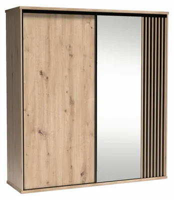 Obrázek produktu pro Šatní skříň NAKUSP – dub – lamely – zrcadlo – posuvné dveře – 199 x 216 x 61 cm