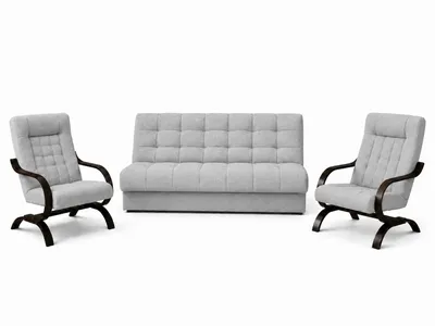 Produktbild von ANMIL SET Schlafsofa OLIO mit 2 Sesseln in Hellgrau Stoff MALMO 3-teilige Polstergarnitur mit Schlaffunktion, Bettkasten und Gestell Nussbaum dunkel, KI-generiertes Bild