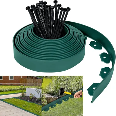 Produktbild von QEENTOE Flexible Rasenkante aus Kunststoff 10mx5cm mit Erdanker zur Verankerung, Beetumrandung Wurzelsperre System, Pflastersteine Mähkante Garten dekorativ, Grün