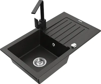 Produktbild von Mexen Pablo 1 Becken-Granitspüle mit Abtropffläche und Mischbatterie Rita, Schwarz/Gold metallisch- 6510-75-670300-70