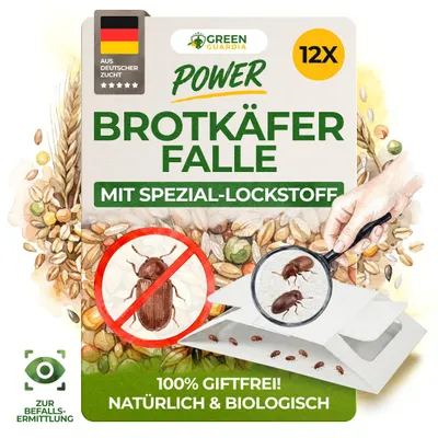 Produktbild von Green Guardia Brotkäfer Falle mit Spezial-Lockstoff - 12x Fallen - Brotkäfer bekämpfen, Häuschen-Falle, Alternative zu Pheromonfalle für Brotkäfer