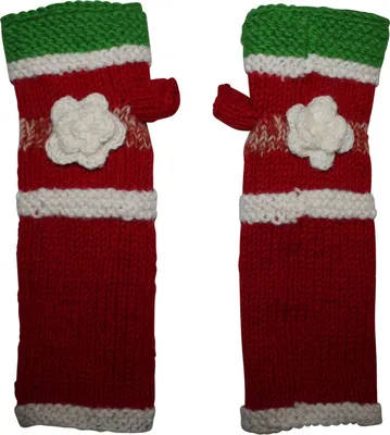 Produktbild von Armstulpen aus Wolle - Strickstulpen - rot mit Blume und Streifen - Pulswärmer mit Fleece