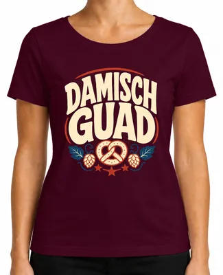Imagen del producto de Damisch Guad Bayern: , pretzel, camisa tradicional, pantalones de cuero, camiseta para mujer, color burdeos, talla L