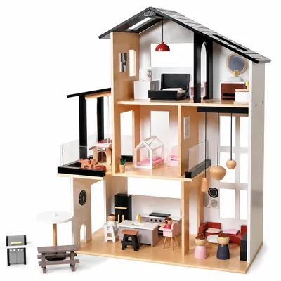 Produktbild von Modernes Puppenhaus Stadtvilla mit 49-tlg. Möbelset aus Holz, KI-generiertes Bild