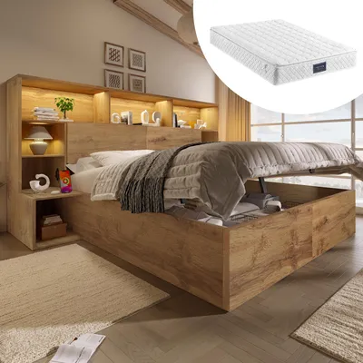 Produktbild von okwish Stauraumbett 160x200 Doppelbett Stauraum mit Hydraulik Kopfteil-Regal mit LED und USB-A/USB-C Schlafzimmer Eiche -mit Matratze