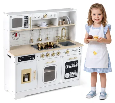 Produktbild von KOMFOTTEU Kinderspielküche mit Licht und Sound, Baby-Küche mit Ofen, Eismaschine, Herd, Kaffeemaschine, Spüle, Mikrowelle und Zubehör, Montessori-Spielzeug mit Stauraum, für Kinder ab 3 Jahren