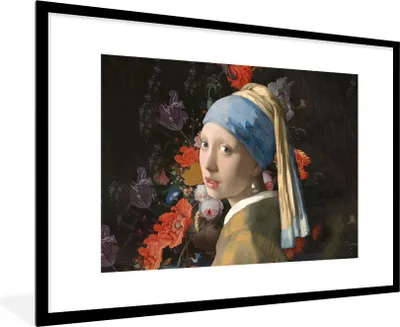 Produktbild von MuchoWow® Gerahmtes Poster Das Mädchen mit dem Perlenohrring - Vermeer - Blumen 90x60 cm - Poster mit Schwarzem Bilderrahmen Wandposter Rahmen Foto Bilder - Wanddekoration - Fotos