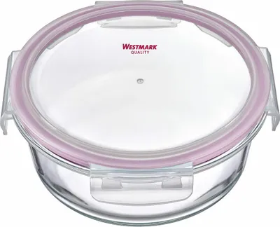 A glass food storage container with a pink lid and clear plastic clasps.