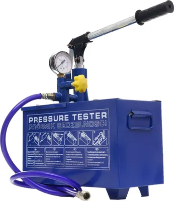 A blue pressure tester pump with a gauge and a handle, set against a white background.