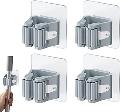 Produktbild von 4 Stück Besenhalterung Wand Selbstklebend, Besenhalter Selbstkleben Mop Halterung Ohne Bohren Wandhalterung Besen Halter Besenhalter Wandmontage Grauer Mopphalter Mop Halter Für Küchen, Bäder
