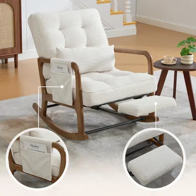 Produktbild von Schaukelstuhl Cord Fußstütze Seitentasche Lendenkissen verstellbare Lehne 70x80x92 cm beige
