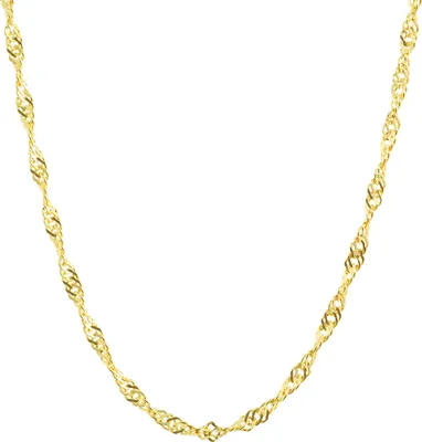 A close-up studio shot of a gold chain on a white background.