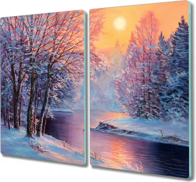 Produktbild von Coloray Herdabdeckplatte 2x30x52 cm Schneidebrett Kochplattenabdeckung Küchenbrett Hackbrett - Winter Baum Fluss Sonne