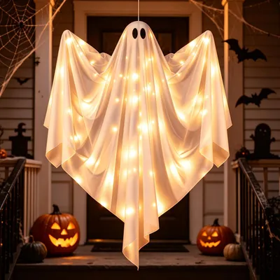 Hänge-Geist 120 cm mit warmweißen LEDs, Halloween-Deko