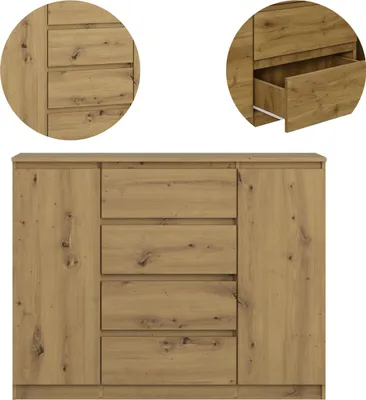 Produktbild von YUMEBLY | Kommode BASIC 2D4S, 120x97x40 cm – Große Kommode mit Schränken und Schubladen für Wohnzimmer, Schlafzimmer und Büro | Artisan-Eiche