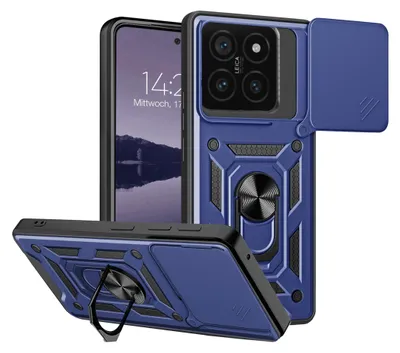 A blue armor phone case with a camera cover and a ring stand, shown from multiple angles with a phone partially visible.