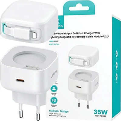 Produktbild von Usams Ład. Siec. 1Xusb-C Ze Zwijanym Kablem Lighning Retractable Pd+Qc 35W Gan Fast Charging Biały/White Xmf Series Cc209Tc02 (Us-Cc209)