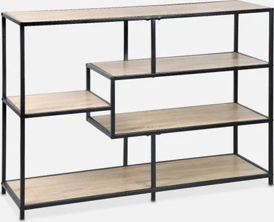A product shot of an asymmetrical shelf unit with a metal frame and wood-look shelves against a light gray background.
