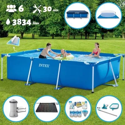 Produktbild von Rechteckiges Schwimmbad - Aufblasbares - 300 x 200 x 75 cm - Blau - Mit Pumpe - Wärmeunterstützung - Chlorpaket - Bodenabdeckung - Abdeckplane - Reinigungskit