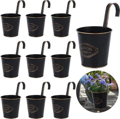 Immagine prodotto di 10 vasi da fiori vintage in metallo per balcone e giardino, vasi con ganci rimovibili (rotondi)