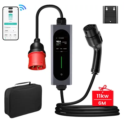 Image de Boîtier mural de recharge mobile Type 2 pour voitures électriques - Chargeur portable 11 kW, câble de recharge de 6 m, 6-16 A, avec prise CEE,via application et écran LCD