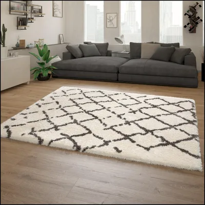 Produktbild von Hochflor-Teppich, Shaggy Im Flokati-Stil Mit Rauten-Muster In Grau Weiß Grösse 160x230 cm