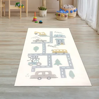 Obrázek produktu pro Koberec dětský měkký auto, bagr silnice v krémové velikosti - 80 x 150 cm
