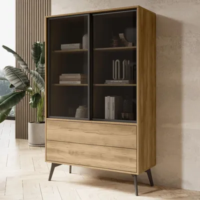 Productafbeelding van Vitrinekast MOTTI, 100 cm, barokstijl, eikenhout, zwart, met push-to-open deuren