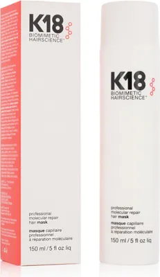 A product shot of a K18 hair mask and its packaging.