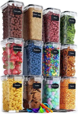 Immagine prodotto di Contenitori in plastica per cucina e dispensa - Confezione da 12, 2 L - Contenitori con chiusura ermetica per pasta, cereali, riso - Etichette, pennarello e cucchiaio