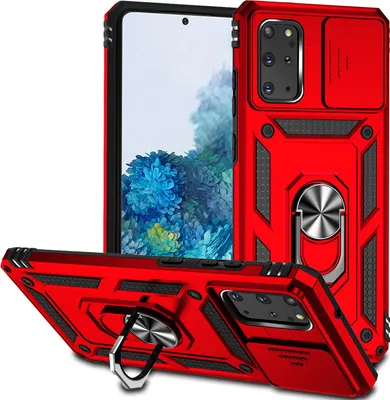 Image de Étui pour Samsung Galaxy S20 Plus étui double couche avec protection coulissante de l'appareil photo et anneau de support rouge