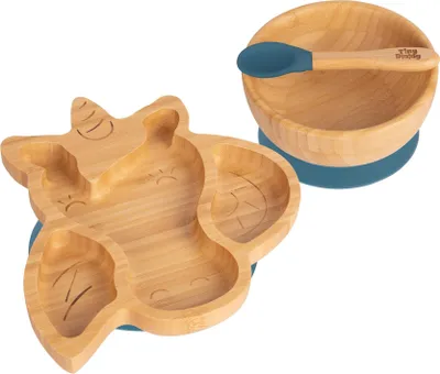 Produktbild von 3pc Navy Blau Kinder Bambus Einhorn Teller, Schüssel & Löffel-Set mit Silikon-Saugnapf - Segmentiertes Design Baby & Kleinkind Entwöhnung Geschirr - Umweltfreundlich & Biologisch Abbaubar - Von Tiny Dining