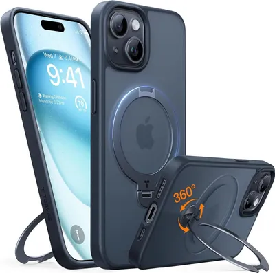 A dark blue iPhone case with a magnetic ring stand and a kickstand is shown from multiple angles.