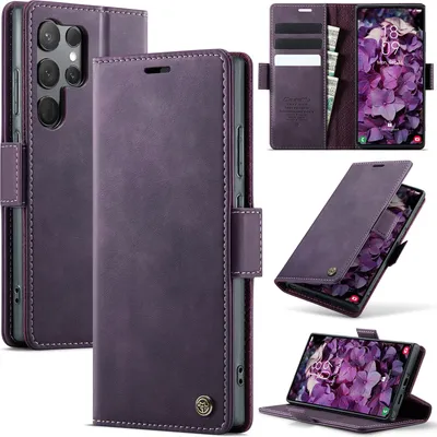 Obrázek produktu pro Kožené pouzdro pro Samsung Galaxy S23 Ultra, RFID ochranou, magnetickým zavíráním, přihrádkami na karty a funkcí stojánku Fialový
