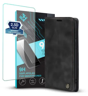 Produktbild von Handy Hülle für Apple iPhone 15 Pro mit 9H Displayglas Klapphülle Bookcase Flip Cover Handy Tasche Etui Farbe: Schwarz