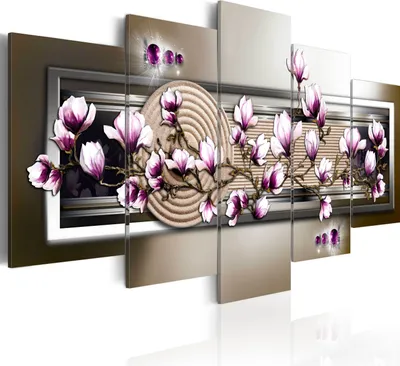 Produktbild von Leinwandbilder Blumen 200x100 cm Vlies Leinwandbild 5 tlg Kunstdruck modern Wandbilder XXL Wanddekoration Design Wand Bild - rosa Magnolie orientalisch Perlen Sand b-A-0006-b-n