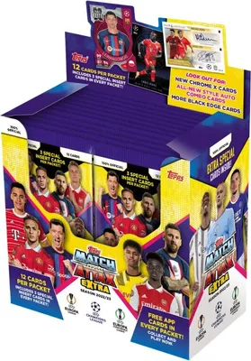 A display box of Topps Match Attax Extra UEFA Champions League trading cards.