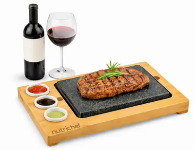Zdjęcie produktu dla NutriChef Gorąca kamienna płyta grillowa – zestaw do grillowania stołowego z bambusa i ceramiki Idealny do steków i kolacji