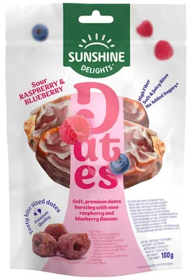 Produktbild von Sunshine Delights Dates Sour Raspberry & Blueberry 100g