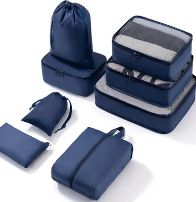 Produktbild von PolkaHome® Packing Cubes 8-teilig – Koffer Organizer Set mit Mesh, Handgriff & Reißverschluss für Reisen, Camping – Marineblau