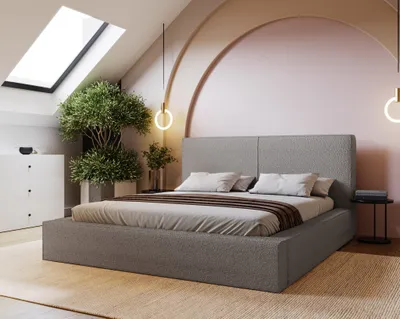 Produktbild von Polsterbett 200x200 cm Morin - Doppelbett mit dicker Schaumstoff - Metall-Lattenrost, Bettkasten inklusvie - Bouclé Hellgrau