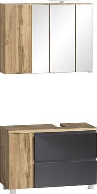 Produktbild von Waschbeckenunterschrank, rechts, mit Spiegelschrank, 85cm, LED Beleuchtung, VASTO-03-GREY, Wotan Eiche Nb. mit grau matt, B/H/T ca. 85/200/35 cm