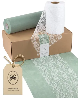 Produktbild von Omgoods – Tischläufer-Set Eukalyptus, Grün & Weiß – 30 cm x 25 m und Spitzenbänder für Hochzeiten