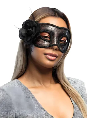 Zdjęcie produktu dla Koronkowa maska z różą czarna 22cm - Jeden rozmiar