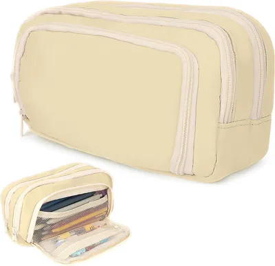 Image de Étui de rangement grand, avec 3 compartiments, couleur beige, pour l'école et le bureau