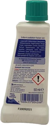 The back of a bottle of Dr. Beckmann stain remover.