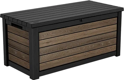 A storage box with a wood-like texture on the sides and a dark lid.