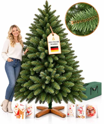 Produktbild von Künstlicher Weihnachtsbaum Premium wie Echt 220 cm Naturgetreu, dicht | Mit Holzständer Tasche Geschenkkarten