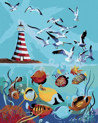 Produktbild von Zuty - Malen nach Zahlen - LEUCHTTURM, MÖWEN UND FISCHE (D. RUSTY RUST), 40x50 cm, ohne Keilrahmen